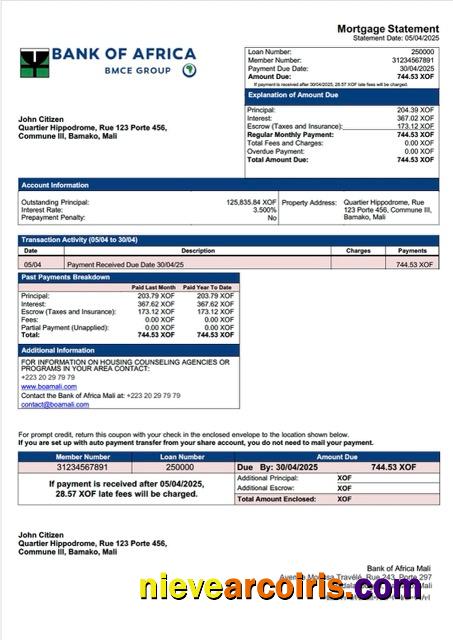 Mali Bank of Africa Mali mortgage statement Word and PDF template